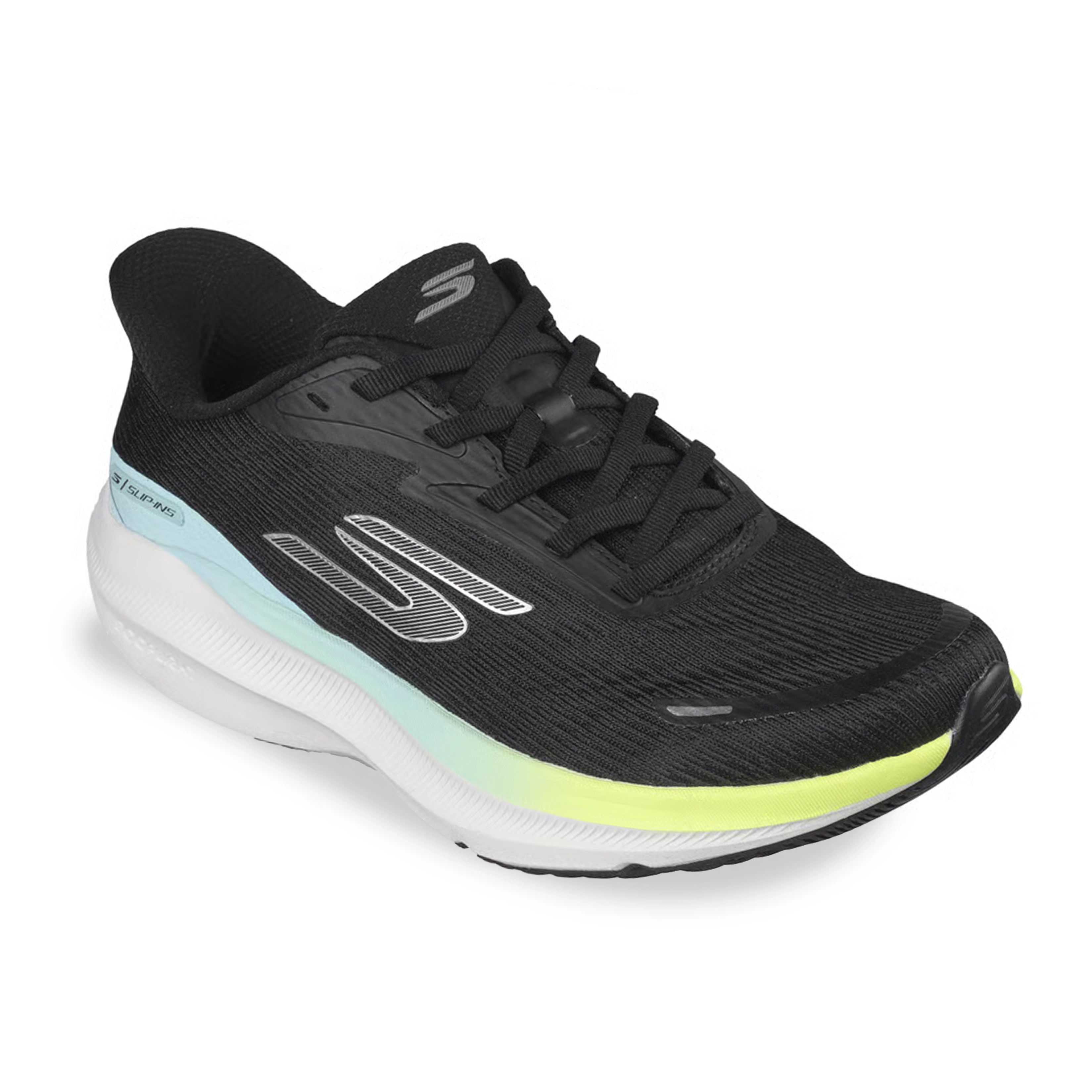 Vista lateral do Tênis Running Skechers Skx Aero Pulse Feminino Preto mostrando malha respirável e design moderno